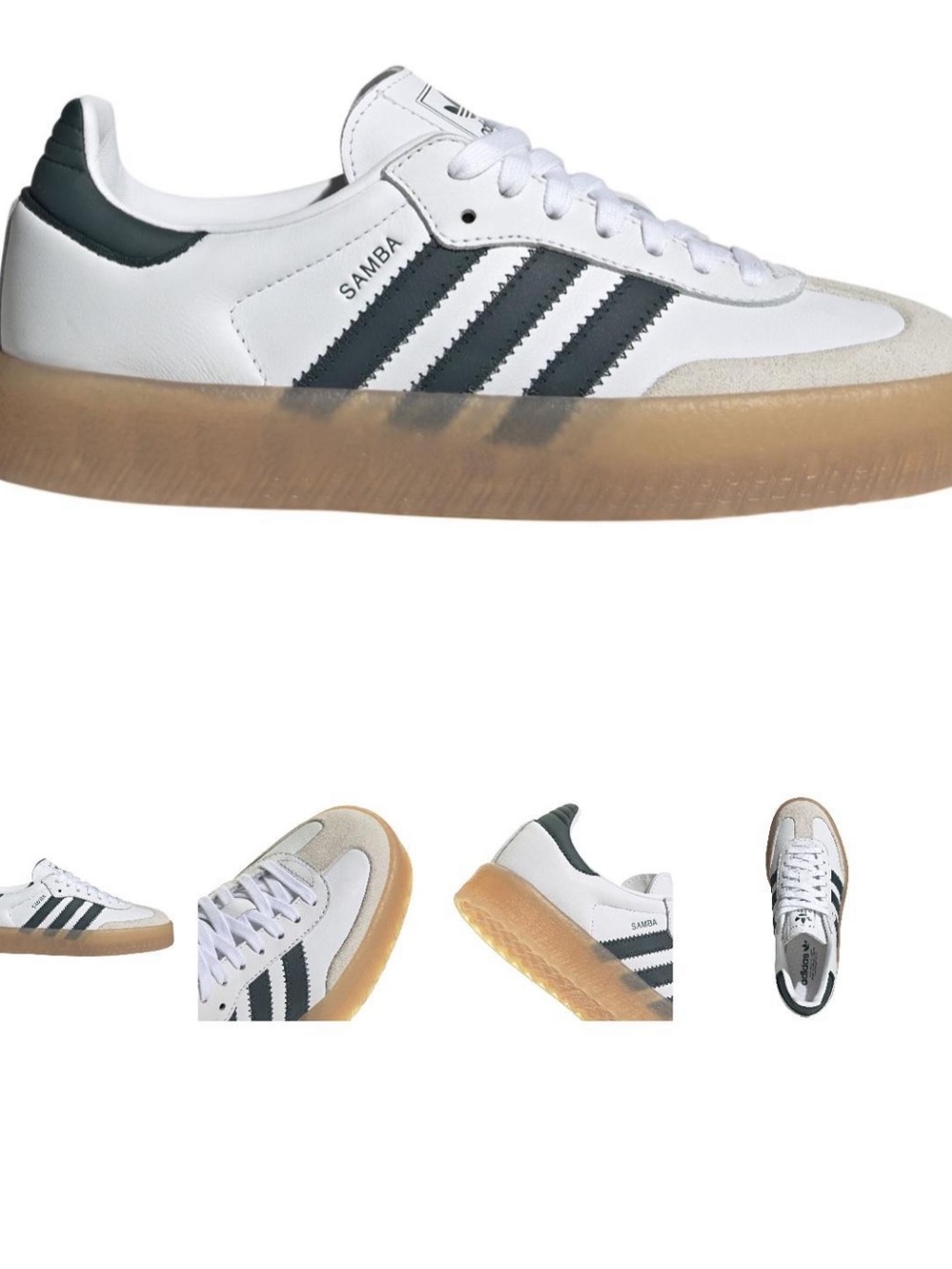 adidas White Sneakers with Black Stripes and Gum Platform Sole
